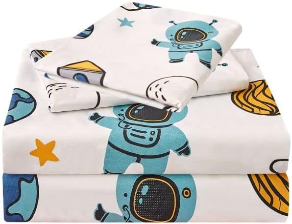 JSD Blue Astronaut Kids Sheet Set Full Size, 4 Piece Space Rocket Printed by JSD