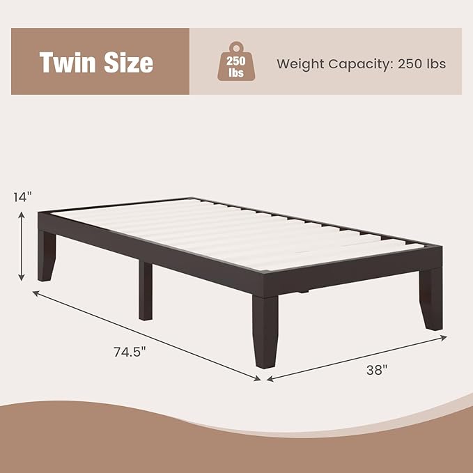 Giantex 14 Inch Twin Wood Platform Bed Frame, Minimalist Mattress Foundation - Image 2