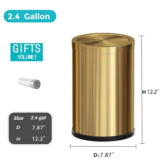 2.4 Gallon Brass Gold Bathroom Trash Can, Fancy Waste Basket Powder Room Bedroom - Image 7