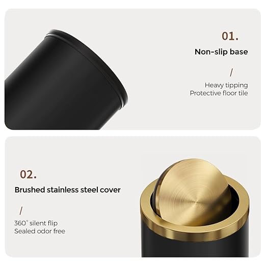 2.4 Gallon/9L Black and Gold Bathroom Trash Can Metal, Stainless Steel - Image 3