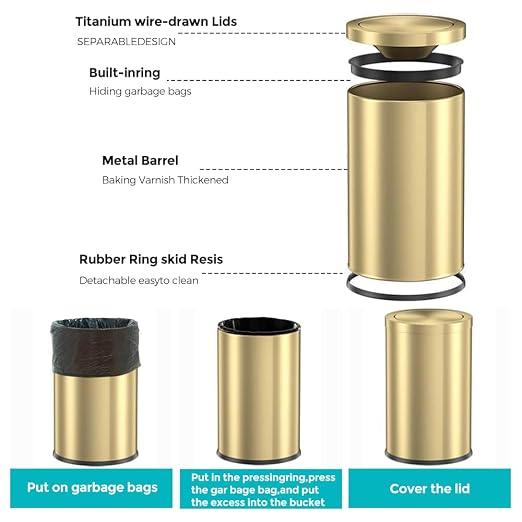 2.4 Gallon Brass Gold Bathroom Trash Can, Fancy Waste Basket Powder Room Bedroom - Image 5