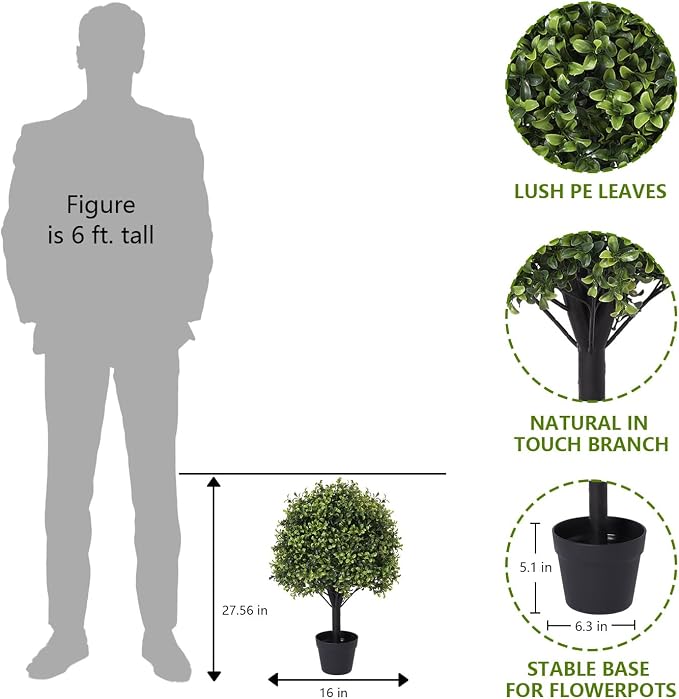 27“ Realistic Artificial Boxwood Topiary Trees Set of 2, Faux Plants Outdoor - Image 8