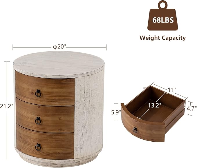 COSIEST Bedside Table Set of 2, Wood Nightstand 3 Drawers, Farmhouse Round End - Image 3