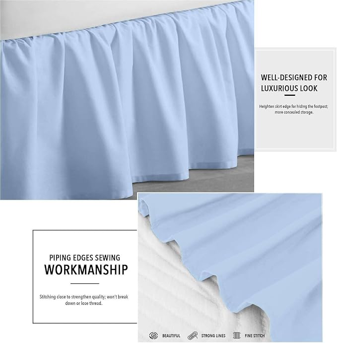 Light Blue Solid Ruffled Bed Skirt Twin-15 Inch Drop Split Corner, Microfiber - Image 3