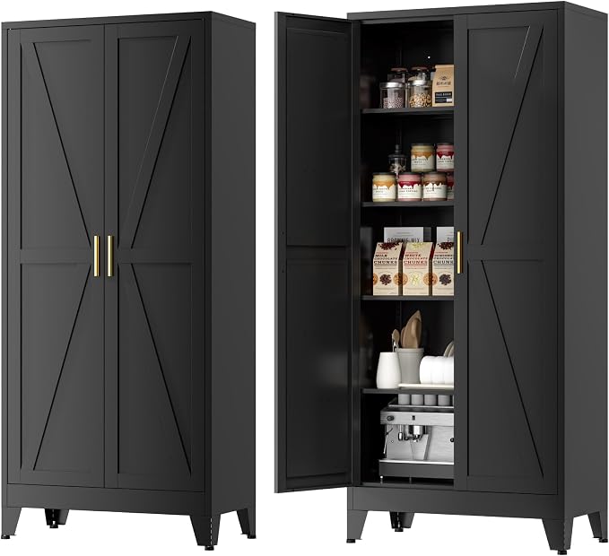 Farmhouse Pantry Cabinet with Barn Doors, 5-Tier Metal Storage Cabinet with 4 by YNIQUESTLEMetalCabinet