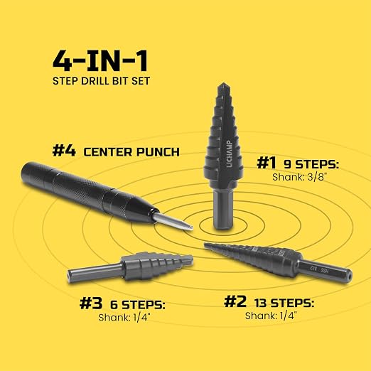 Lichamp Step Drill Bit Set for Metal Sheet Heavy Duty, 4-Piece Genuine M2 HSS - Image 7