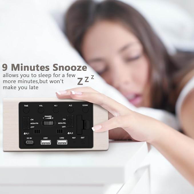 Kogonee Wooden Digital Alarm Clock, 0-100% Dimmer, 2 Alarm Settings, - Image 9
