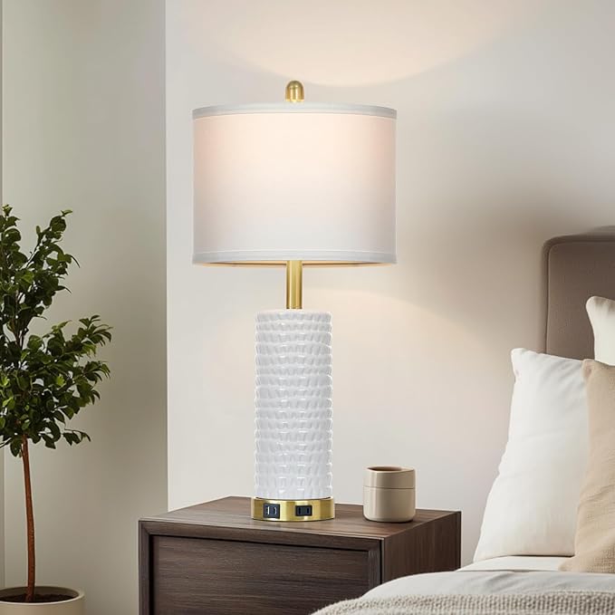 26" White Table Lamps for Living Room Set of 2, Ceramic Bedroom Lamps for - Image 8