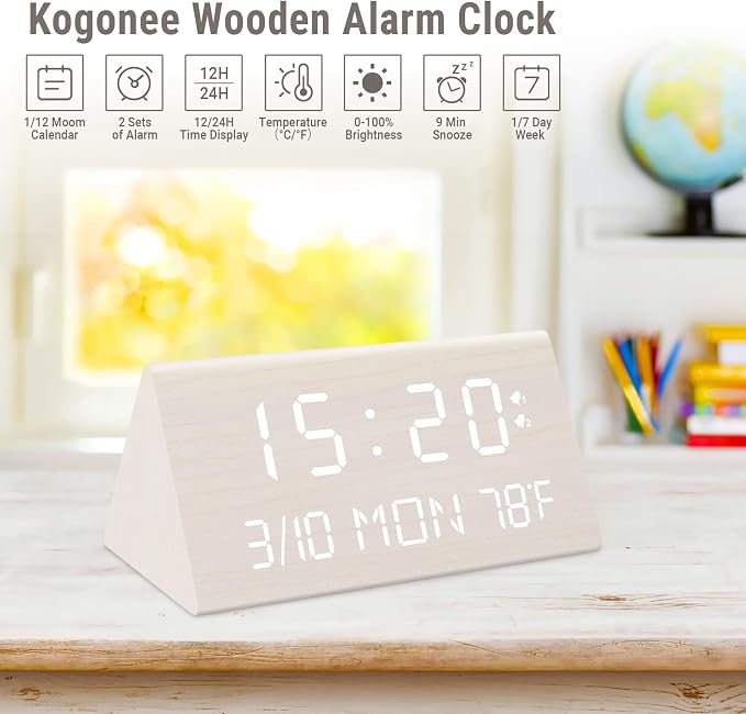 Kogonee Wooden Digital Alarm Clock, 0-100% Dimmer, 2 Alarm Settings, - Image 7