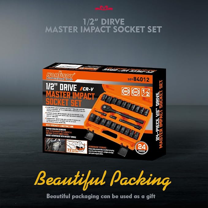 HORUSDY 1/2" Drive Shallow Impact Socket Set, 24-Piece SAE and Metric, 6 Point - Image 8
