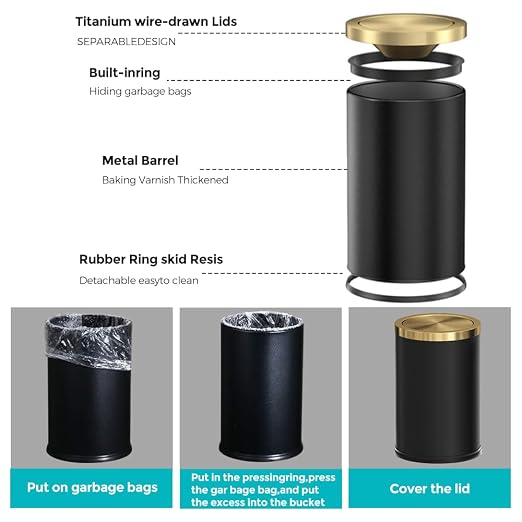 2.4 Gallon/9L Black and Gold Bathroom Trash Can Metal, Stainless Steel - Image 5
