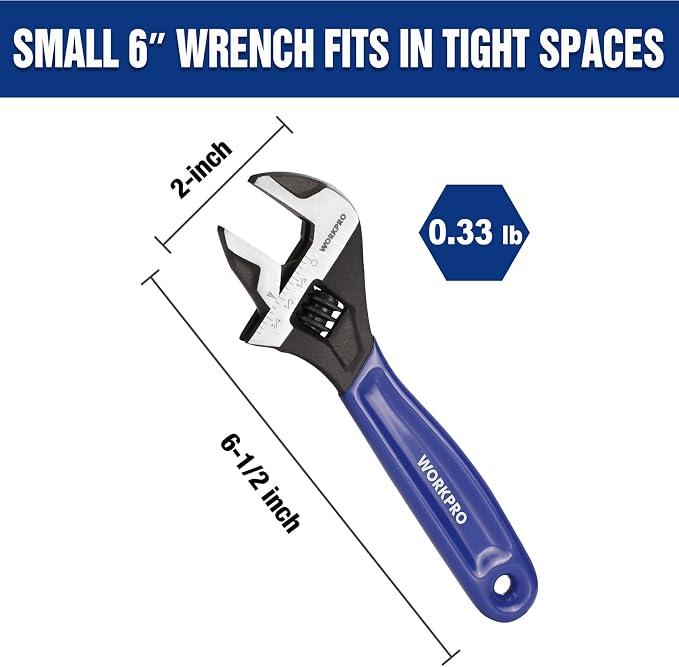 WORKPRO 6-Inch Adjustable Wrench, Wide Jaw Cr-V Steel Black Oxide Finish - Image 4