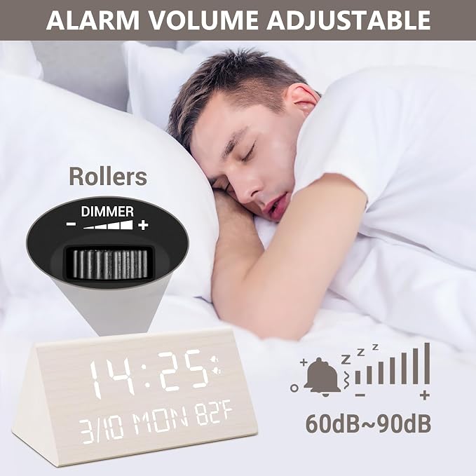 Kogonee Wooden Digital Alarm Clock, 0-100% Dimmer, 2 Alarm Settings, - Image 5