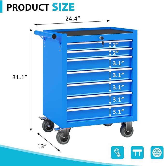 7 Drawers Metal Rolling Tool Chest, Portable Storage Tool Box - Image 3