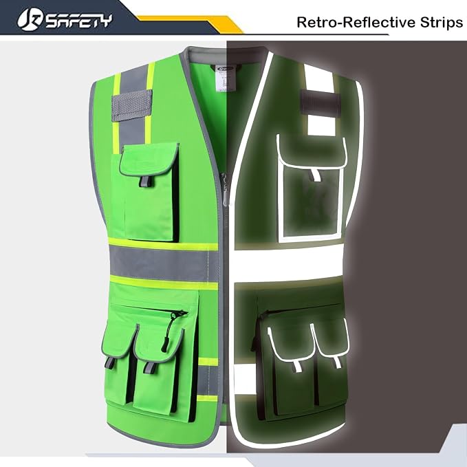 JKSafety 10 Pockets Hi-Vis Zipper Front Fluorescent Green Safety Vest | - Image 3