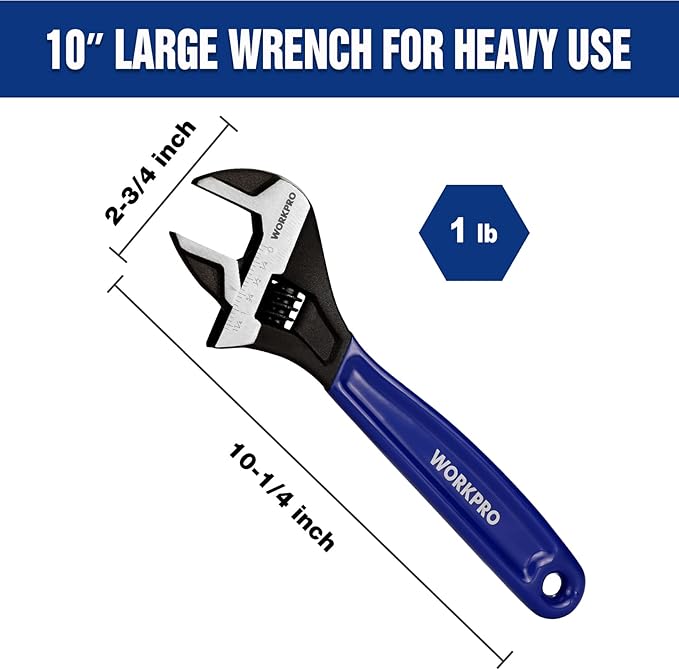WORKPRO 10-Inch Adjustable Wrench, Cr-V Steel Wide Jaw Black Oxide Wrench - Image 4