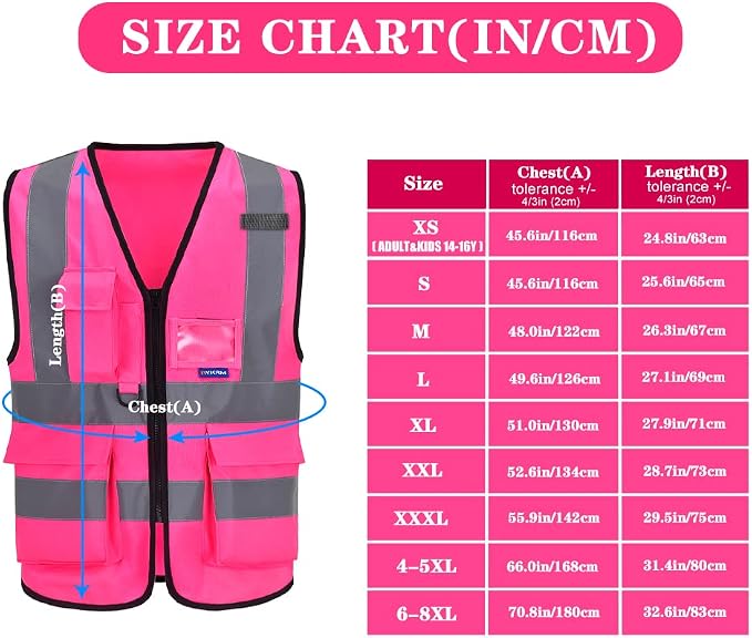 A-SAFETY Pink Safety Vest with Pockets Hi Viz Zipper Front Working Safety Vest - Image 2