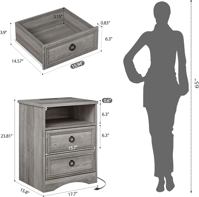 Large Nightstand Set of 2 with Drawers, 17.7"W Accent Night Stand with Charger - Image 3