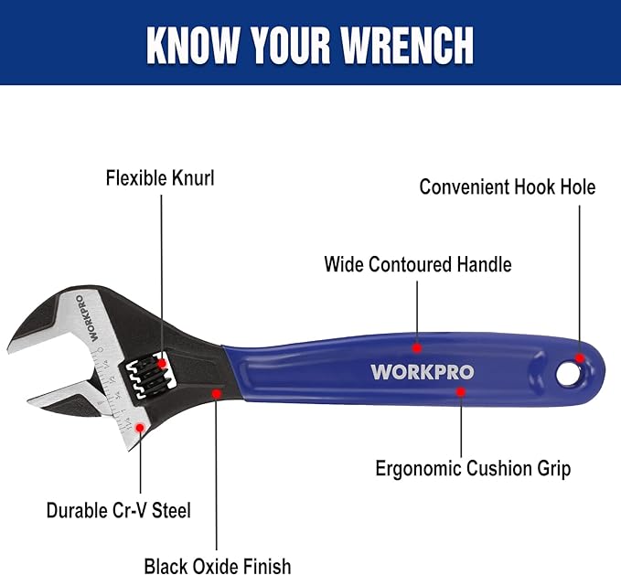 WORKPRO 10-Inch Adjustable Wrench, Cr-V Steel Wide Jaw Black Oxide Wrench - Image 2