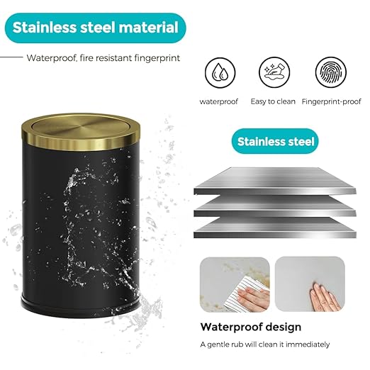 2.4 Gallon/9L Black and Gold Bathroom Trash Can Metal, Stainless Steel - Image 4