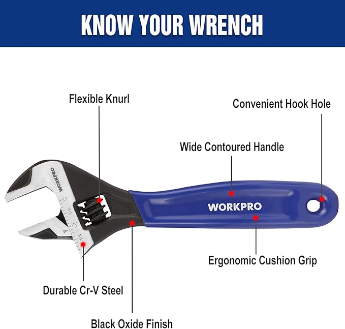 WORKPRO 6-Inch Adjustable Wrench, Wide Jaw Cr-V Steel Black Oxide Finish - Image 2