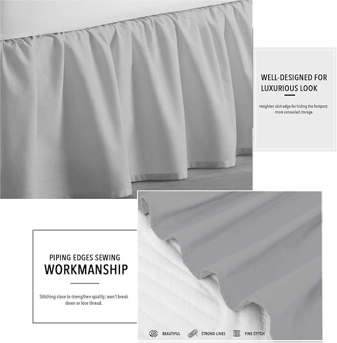 Light Grey Solid Ruffled Bed Skirt Twin-30 Inch Drop Split Corner, Microfiber - Image 3