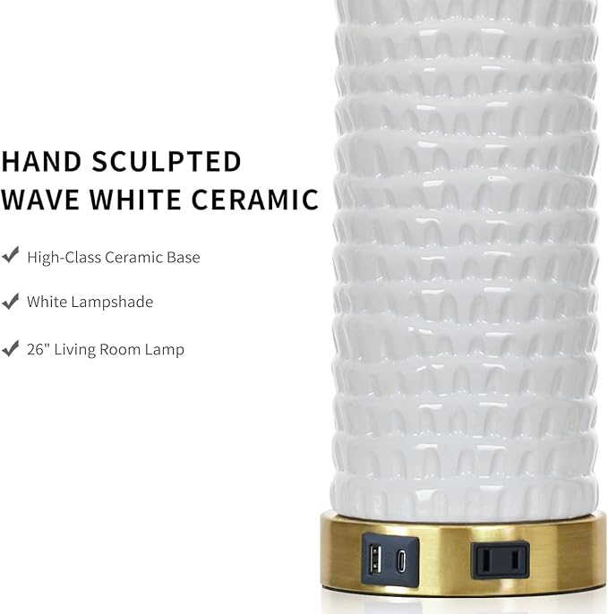 26" White Table Lamps for Living Room Set of 2, Ceramic Bedroom Lamps for - Image 6