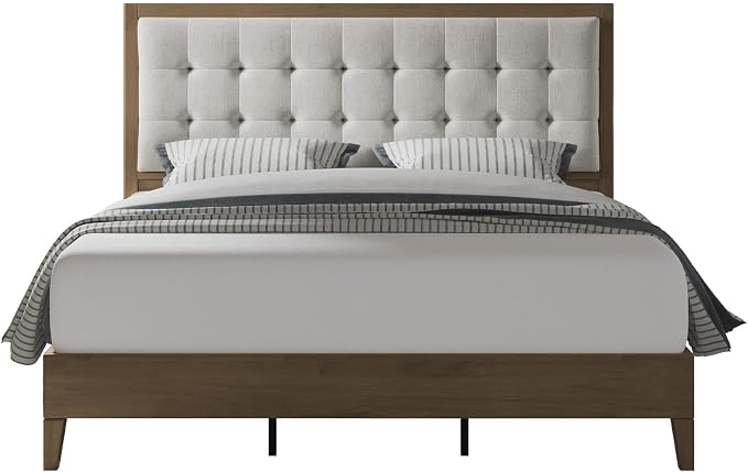 Jocisland Wood Full Size Bed Frame, Tall Upholstered Tufted Headboard, Solid - Image 9
