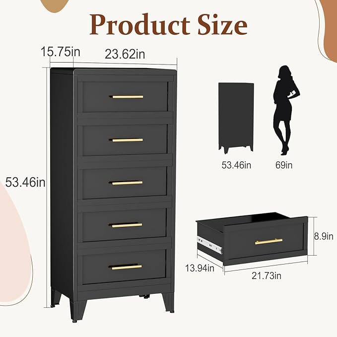 Metal Tall Dresser for Bedroom, 5 Drawer Dresser - Image 3