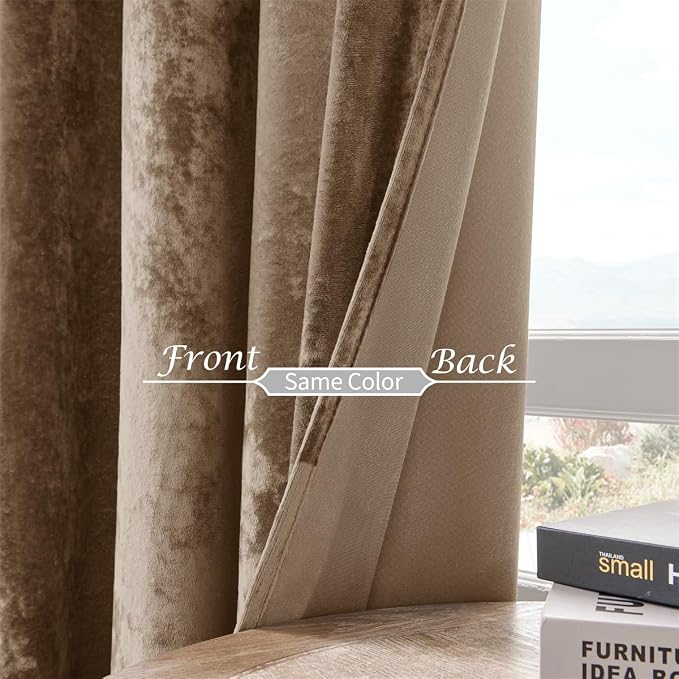 SMILETIME Amber Beige Crushed Velvet Curtains 52x84 inch Luxurious Thermal - Image 4