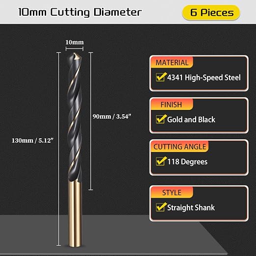 Drill Bit, 10mm Cutting Diameter, 4341 HSS Gold and Black 118° Cutting Angle - Image 2