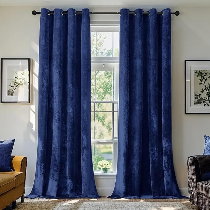 SMILETIME Navy Blue Crushed Velvet Curtains 52x108 inch Luxurious Thermal by SMILETIME