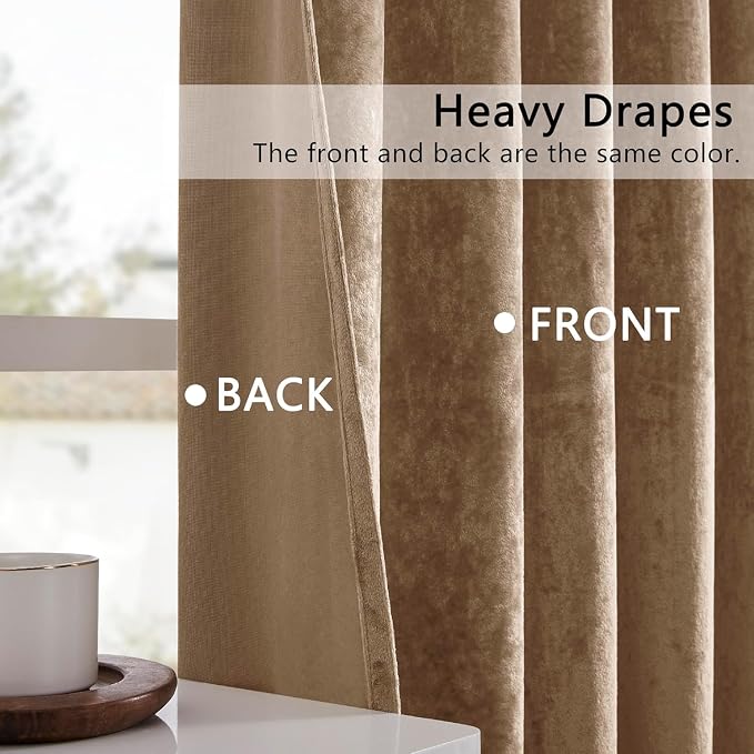 SMILETIME Amber Beige Crushed Velvet Curtains 52x90 inch Luxurious Thermal - Image 3