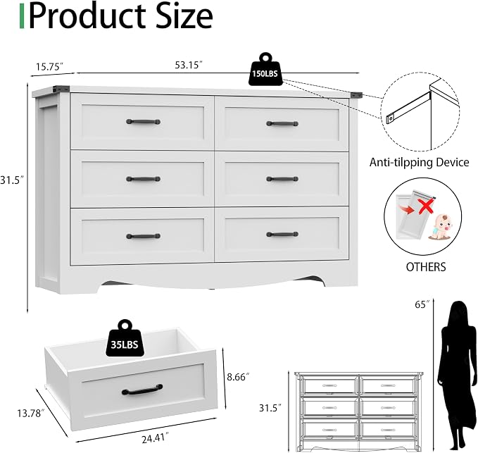 Dresser for Bedroom with 6 Drawers, Modern Dresser TV Stand, Wooden Closet - Image 2