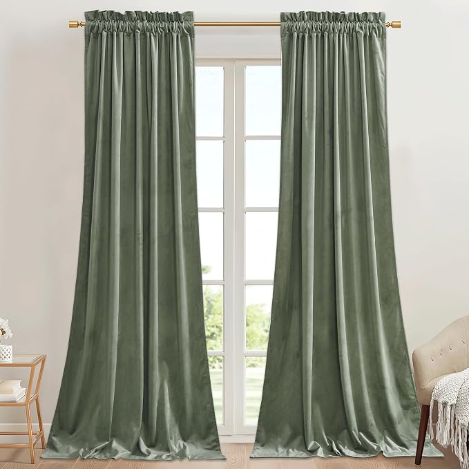 StangH Sage Green Nursery Curtains 90 inches Long Living Room Velvet Thermal by StangH