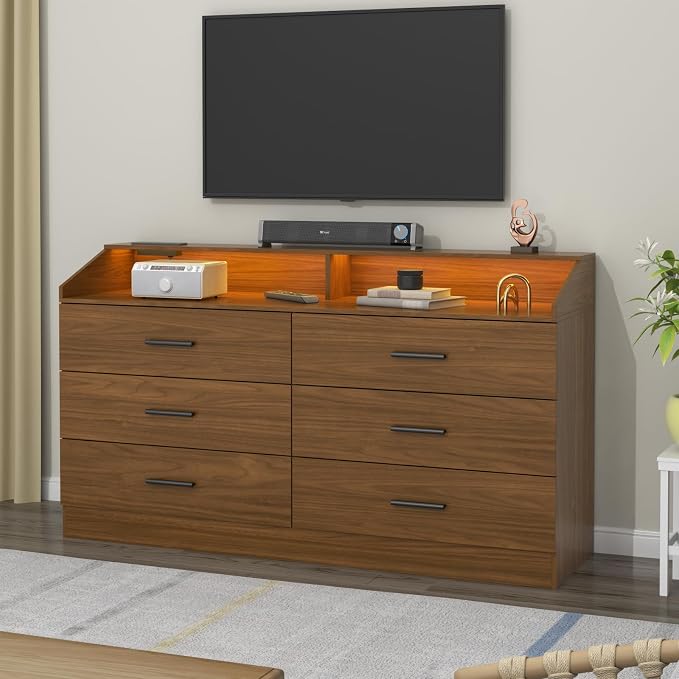 6 Drawer Dresser with Power Outlet, Chest of Drawers with LED Light, Modern - Image 7