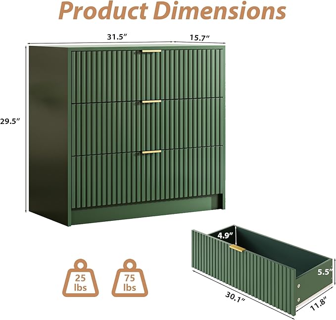 Green Fluted Dresser for Bedroom, 32 Inch Wide Nightstand - Image 2