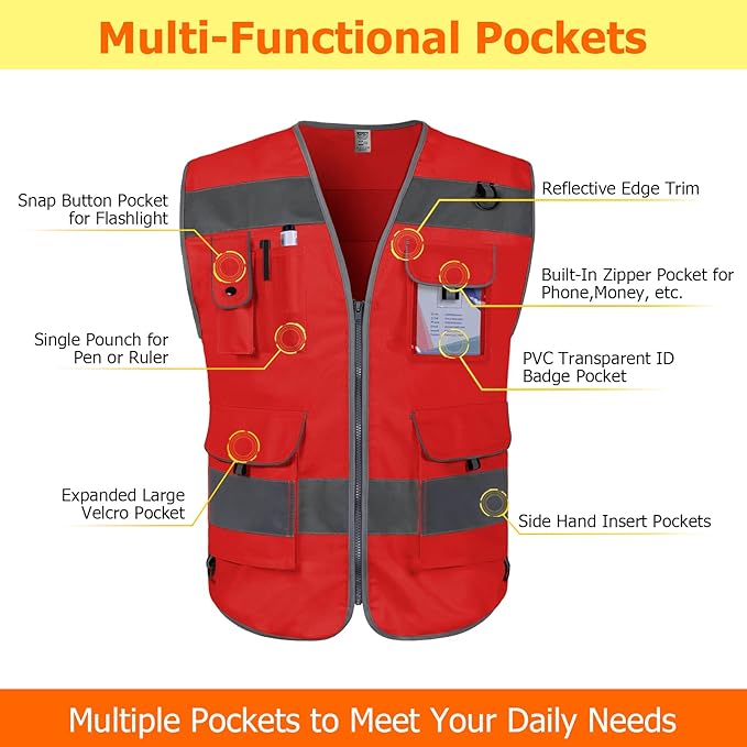 TCCFCCT Reflective Vest 9 Pockets High Visibility Safety Vest - Image 3