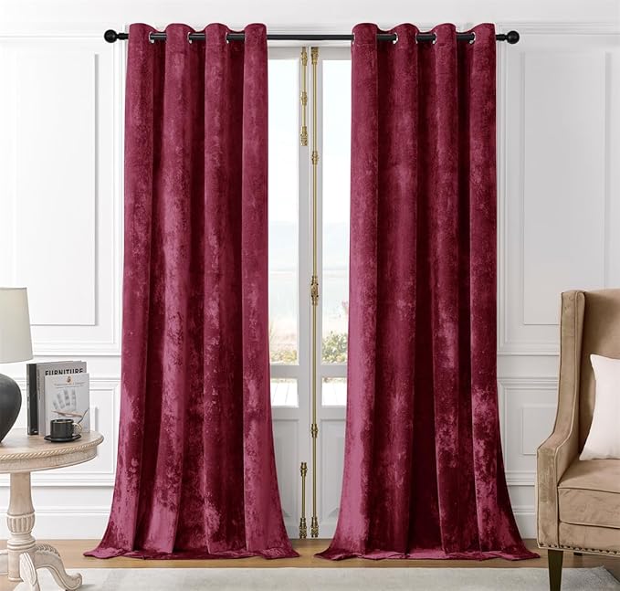 SMILETIME Burgundy Red Crushed Velvet Curtains 52x96 inch Luxurious Thermal by SMILETIME