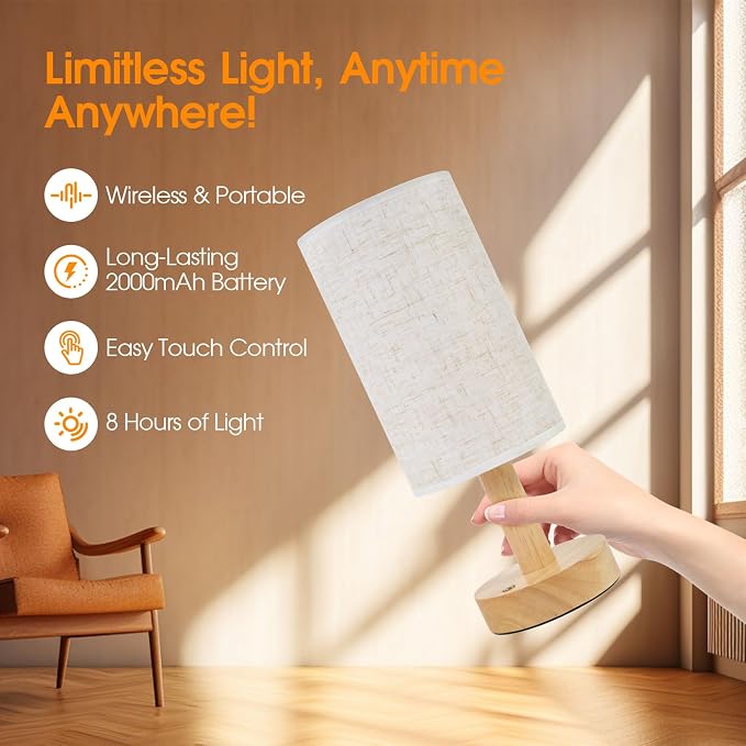 Small Cordless Touch Bedside Table Lamps Set of 2, Minimalist Dimmable - Image 4