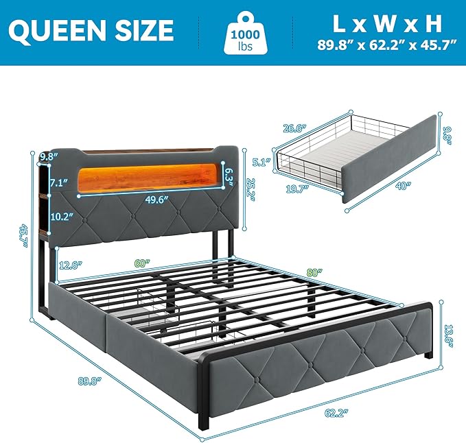 Queen Upholstered LED Bed Frame - Image 2