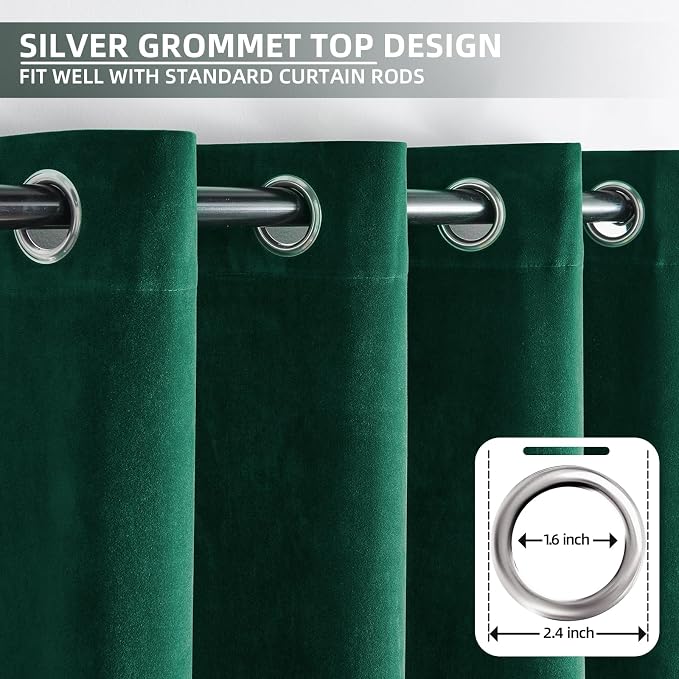 Joydeco Dark Green Velvet Curtains 96 Inches Long, Luxury Grommet Blackout - Image 3