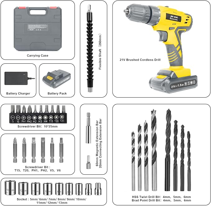 Jar-Owl 21V Cordless Drill Set, 0-1350RMP Variable Speed, 350 in-lb Torque - Image 3