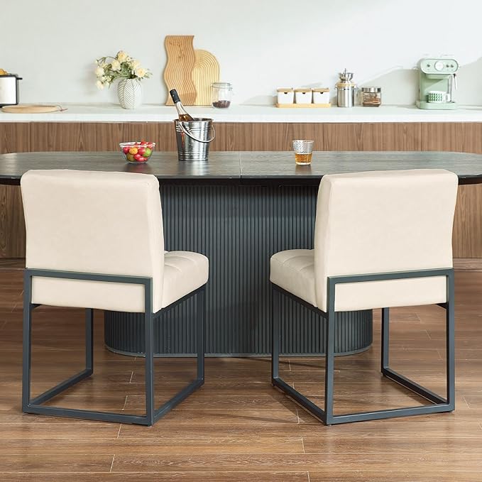 Beige Faux Leather Dining Chairs Set of 2, Mid-Century Modern Dining Room Chairs - Image 5