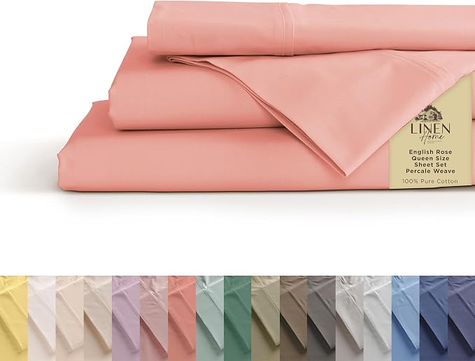 Linen Home 100% Cotton Percale Sheets Queen Size, English Rose, Deep Pocket by LINENHOME