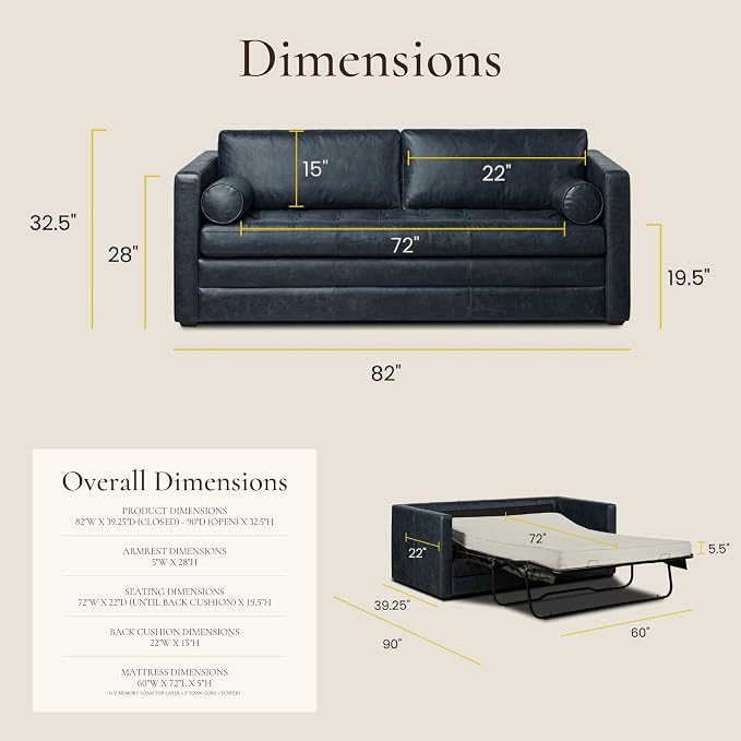 Poly & Bark Napa 82" Leather Pull‑Out Sleeper Sofa – Full‑Grain Italian Leather - Image 2