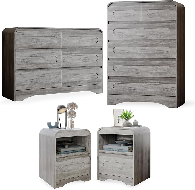 4 Pcs Bedroom Set, Dresser and Nightstand Sets, Modern Wooden Tall 6 Drawer by SOLACEFURNITURE
