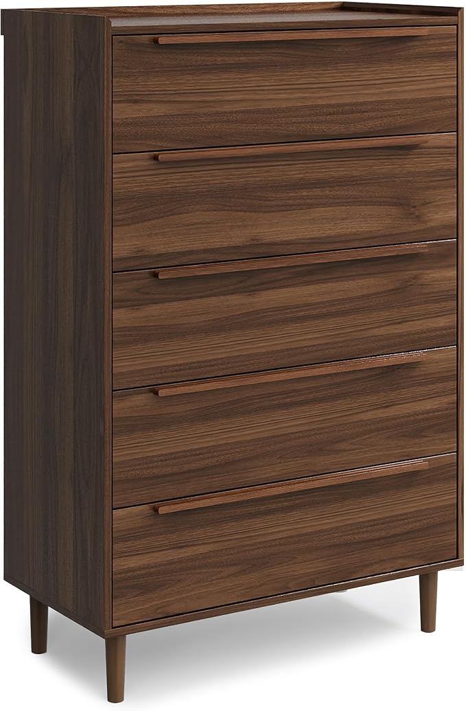 48" Tall Walnut Dresser for Bedroom, Mid-Century Modern 5 Drawer Chest of - Image 9