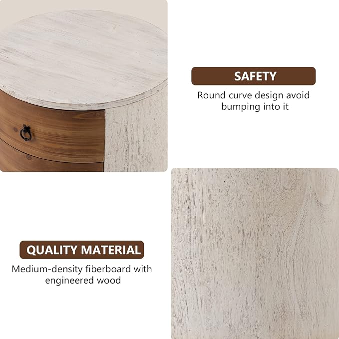 COSIEST Bedside Table Set of 2, Wood Nightstand 3 Drawers, Farmhouse Round End - Image 6