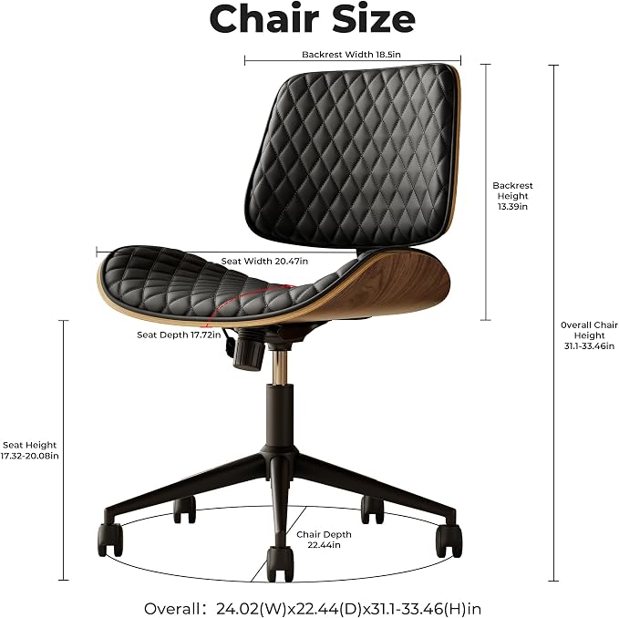 Home Office Desk Chair with Wheels, Armless Adjustable Height PU Leather Office - Image 2